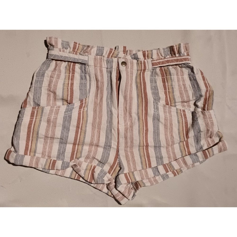 NWT Free People Striped Paper Bag Shorts Tan Cuffed Coastal Boho Summer Sz L